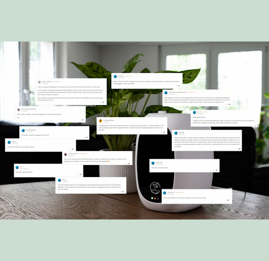 Kickstarter backer feedback on PlantMate smart plant watering system by PlantUp, showing customer suggestions to improve battery life, sensors, and automation for better plant care