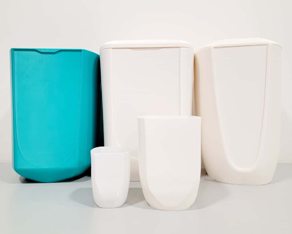 PlantMate automatic plant watering system development prototypes showing turquoise and white design iterations