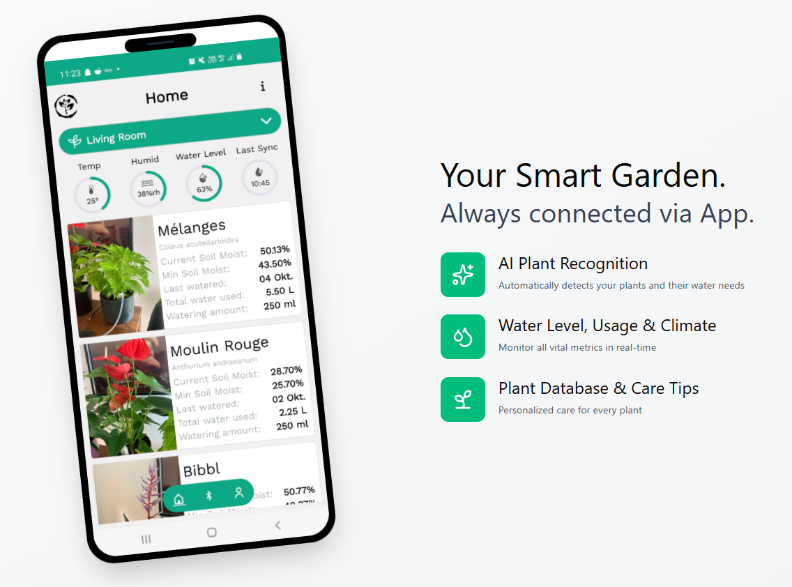 PlantMate mobile app interface showing smart garden monitoring features including AI plant recognition, water level tracking, and personalized plant care tips by Plantup