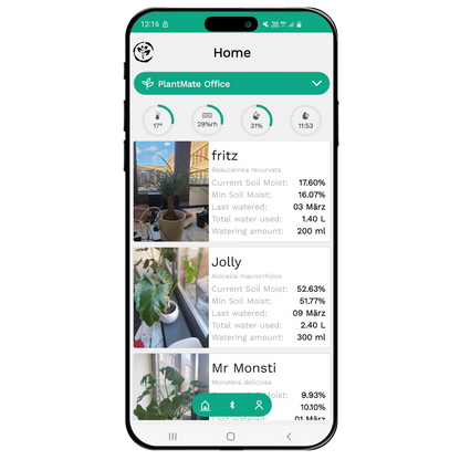 PlantMate mobile app dashboard showing real-time soil moisture monitoring for multiple plants including Monstera and Alocasia