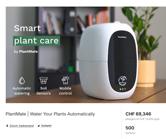 PlantMate smart plant care automation system Kickstarter campaign showing automatic watering, soil sensors, and mobile control features